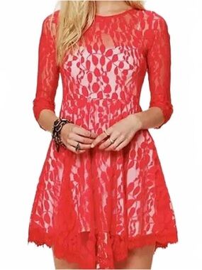 Free People Red Lace Dress with Floral Mesh 2